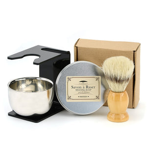 4pcs/set Shaving Beard Brush Set Men Natural Wood Boar Bristle Brush +Stainless Bowl  Stand + Barber Goat Milk Razor Soap