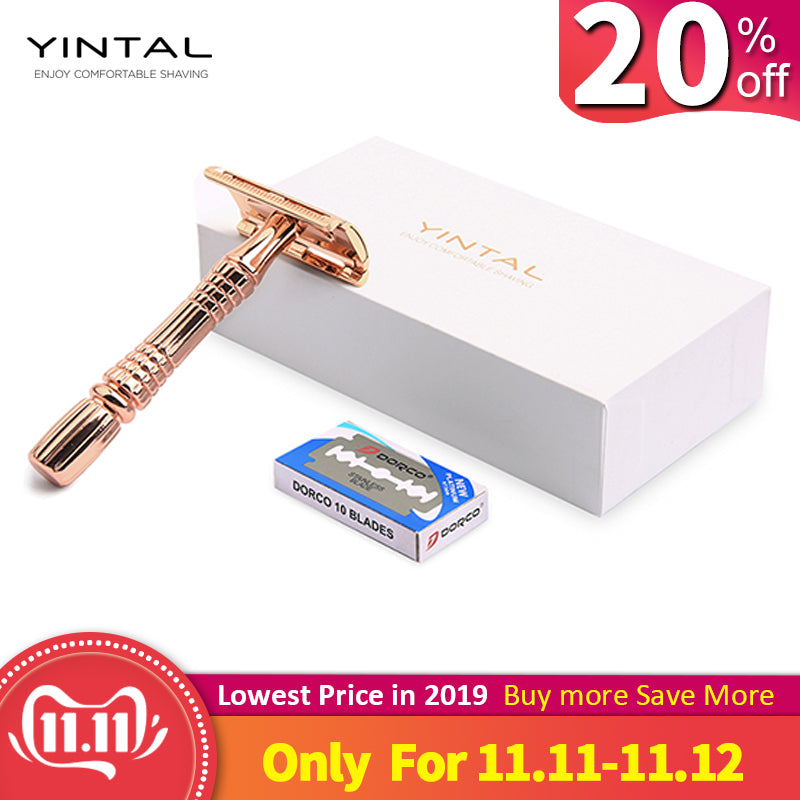 YINTAL Rose Gold Men's Manual Classic Barber Shaving Safety Razor Shaver with 10 Blade for Beard Hair Cut Personal Care