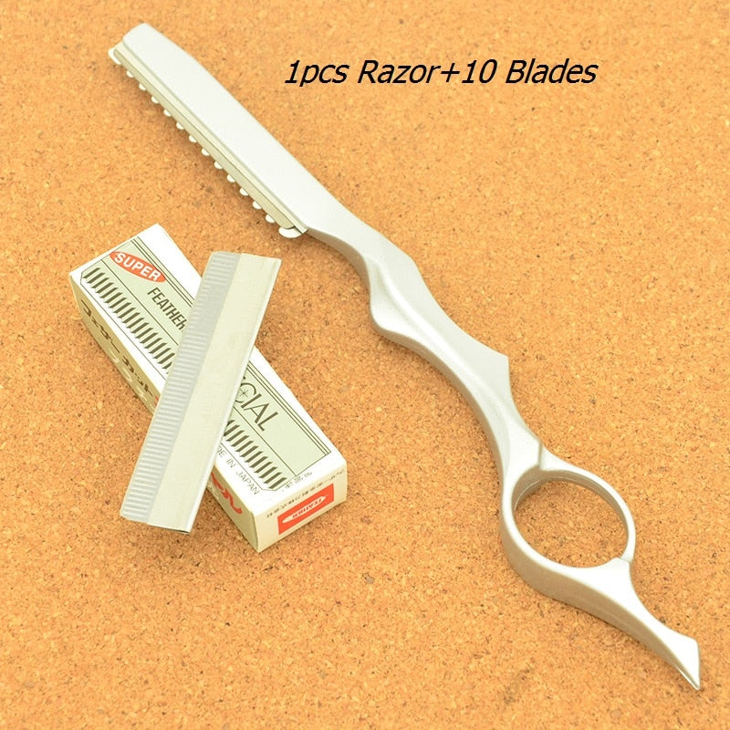 Meisha Safety Hair Cutting Razors for Hairdresser's Steel Barber Salon Thinning Tools+10pcs Blades Scraping Eyebrow Knife HC0007